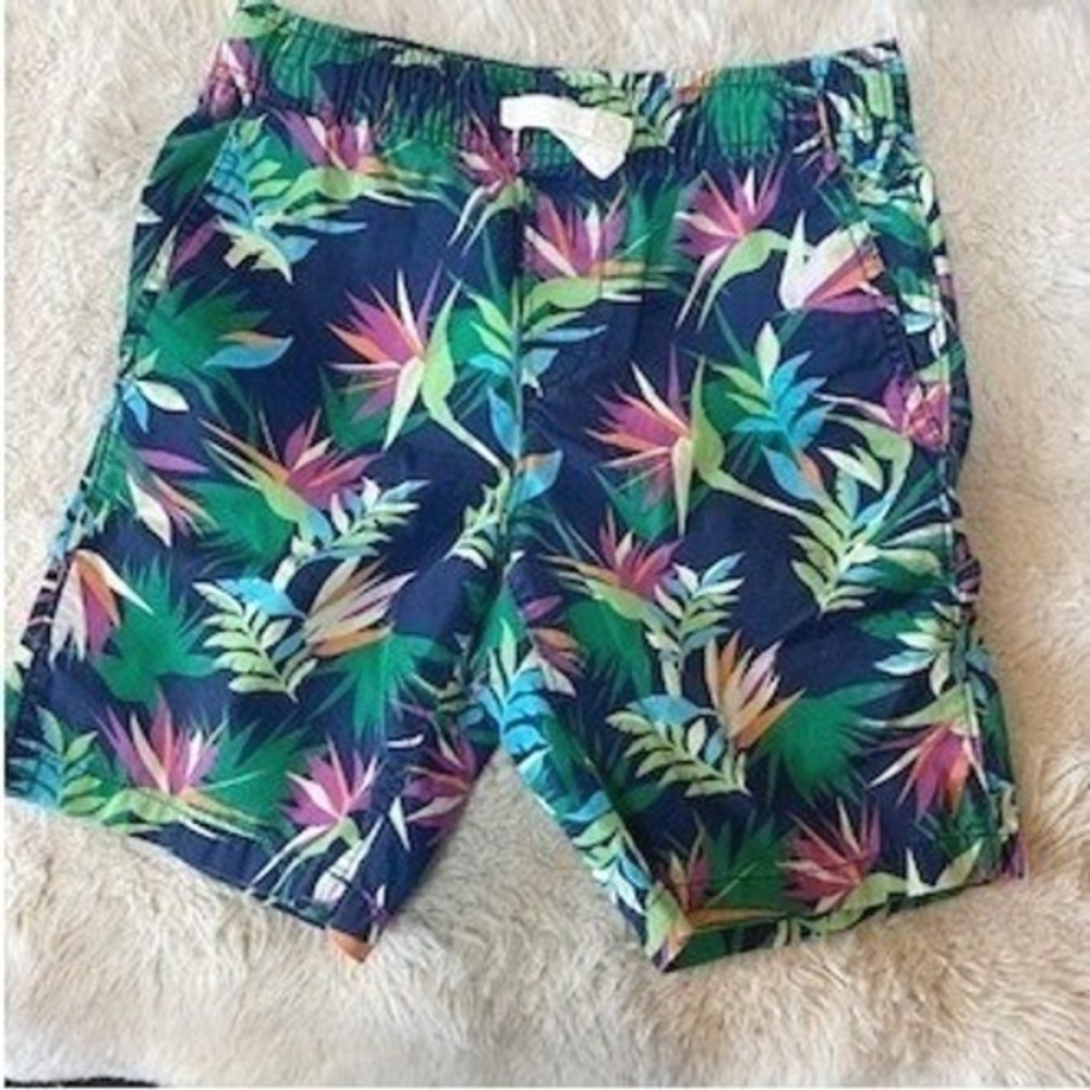 Lands End Boys Size 8 Tropical Bird of Paradise Floral Shorts Navy Blue M